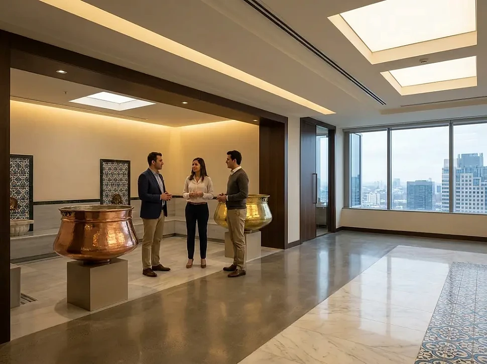 Медные и латунные курны в интерьере турецкой бани