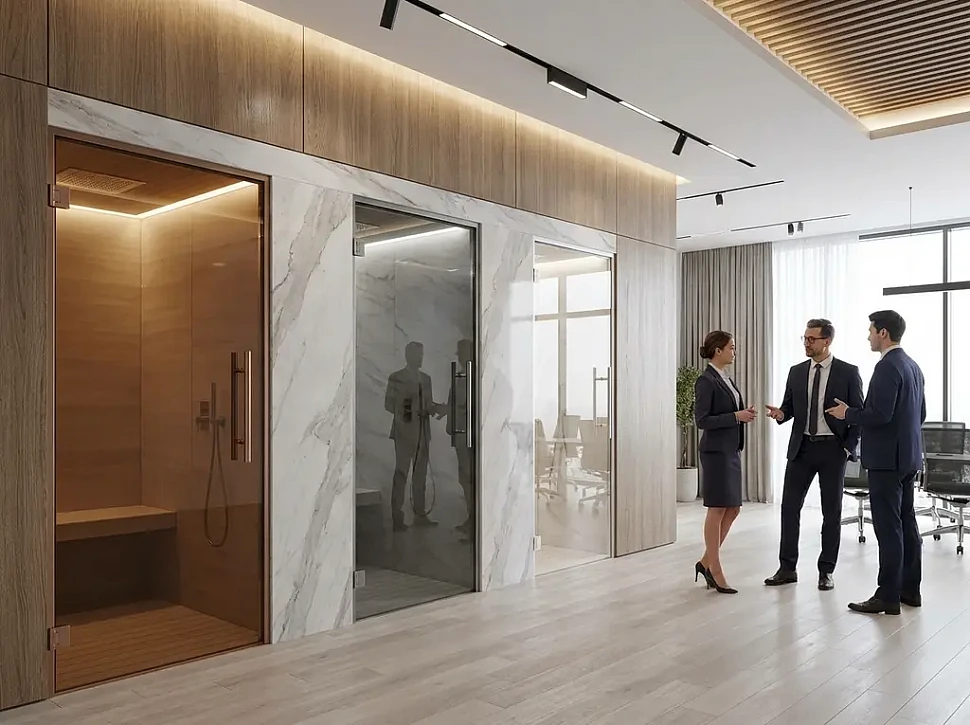 Дизайн и оттенки стекла дверей Sawo для хамама