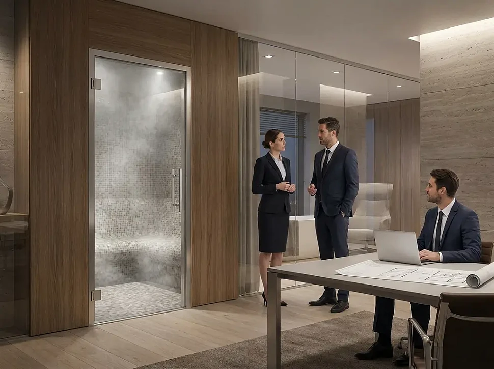 Обзор стеклянных дверей Aldo для частного и коммерческого хамама