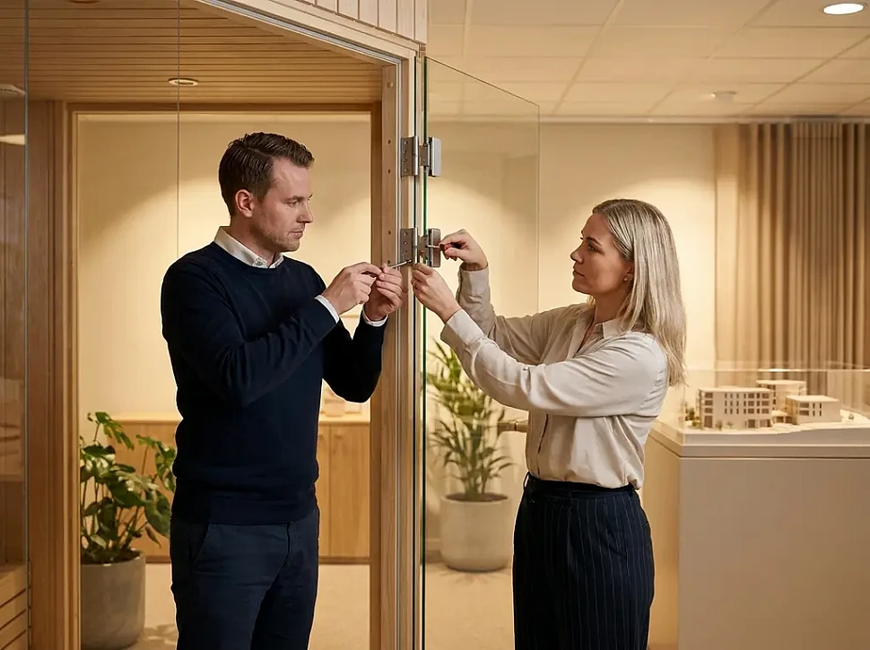 Регулировка петель на стеклянной двери Harvia в хамаме