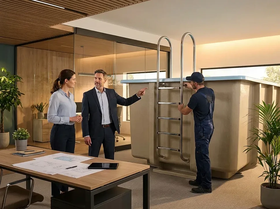 Как установить лестницу в готовый композитный чашевый бассейн