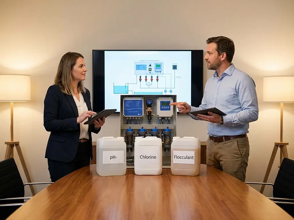 Как применять жидкую химию в станциях автоматического дозирования бассейна