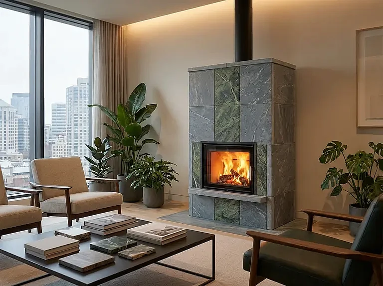 Облицовка дровяной печи талькохлоритом или змеевиком