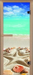 Дверь для сауны ALDO серия КОМПЛЕКС, рисунок "Пляж" с фотопечатью