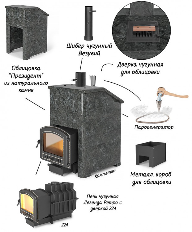 Печь для бани Президент "Легенда Ретро 224" Талькохлорит, S-40