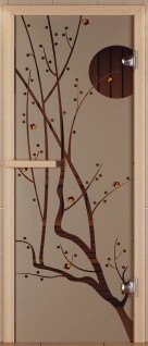 Дверь для сауны ALDO серия КОМПЛЕКС, рисунок "Сакура" с фьюзингом, стекло бронза