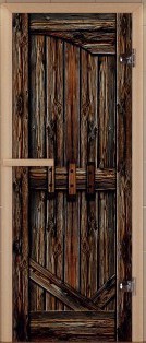 Дверь для сауны ALDO серия КОМПЛЕКС, рисунок "Амбар" с фотопечатью